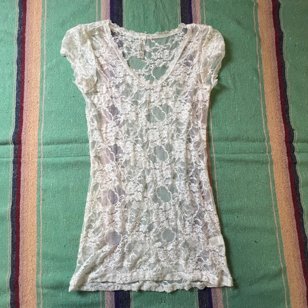 Bongo Lace Top Womens Small White Sheer Floral V-Neck Cap Sleeve Y2K Boho